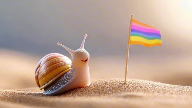 Snail cartoon character crawling and looking at an intersex inclusive progress pride flag waving on a sandy beach