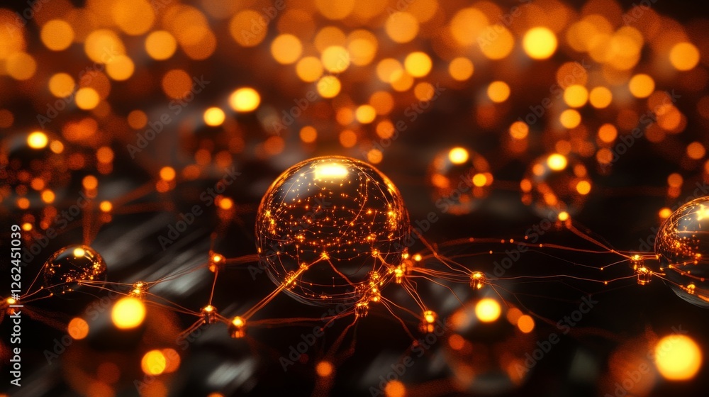 Aufkleber interconnected network of luminous spheres in a dark environment with a warm glow