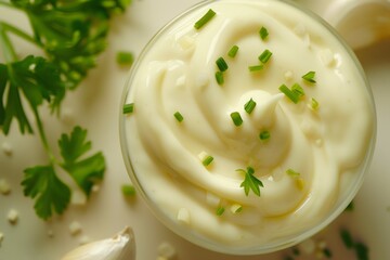 Image of Cream colored garlic mayonnaise sauce. Professional photo for food blog