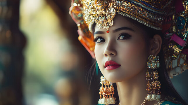 A woman wearing a traditional Thai chada headdress, symbolizing Thai cultural pride and spiritual identity with detailed craftsmanship.