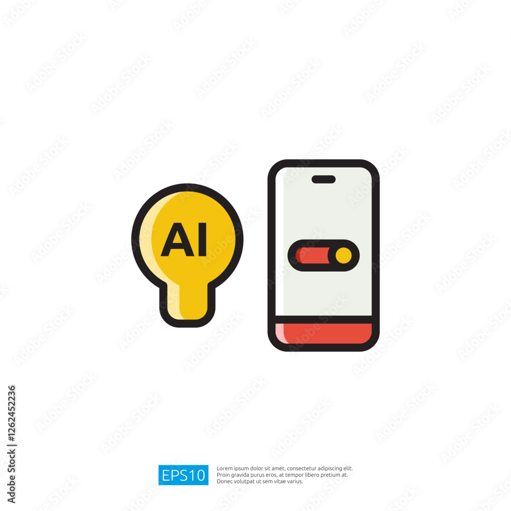 Poster a stylized representation of an ai symbol and a smartphone with a toggle switch, suggesting themes o