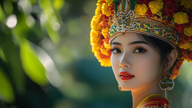 A woman wearing a traditional Thai chada headdress, symbolizing Thai cultural pride and spiritual identity with detailed craftsmanship.
