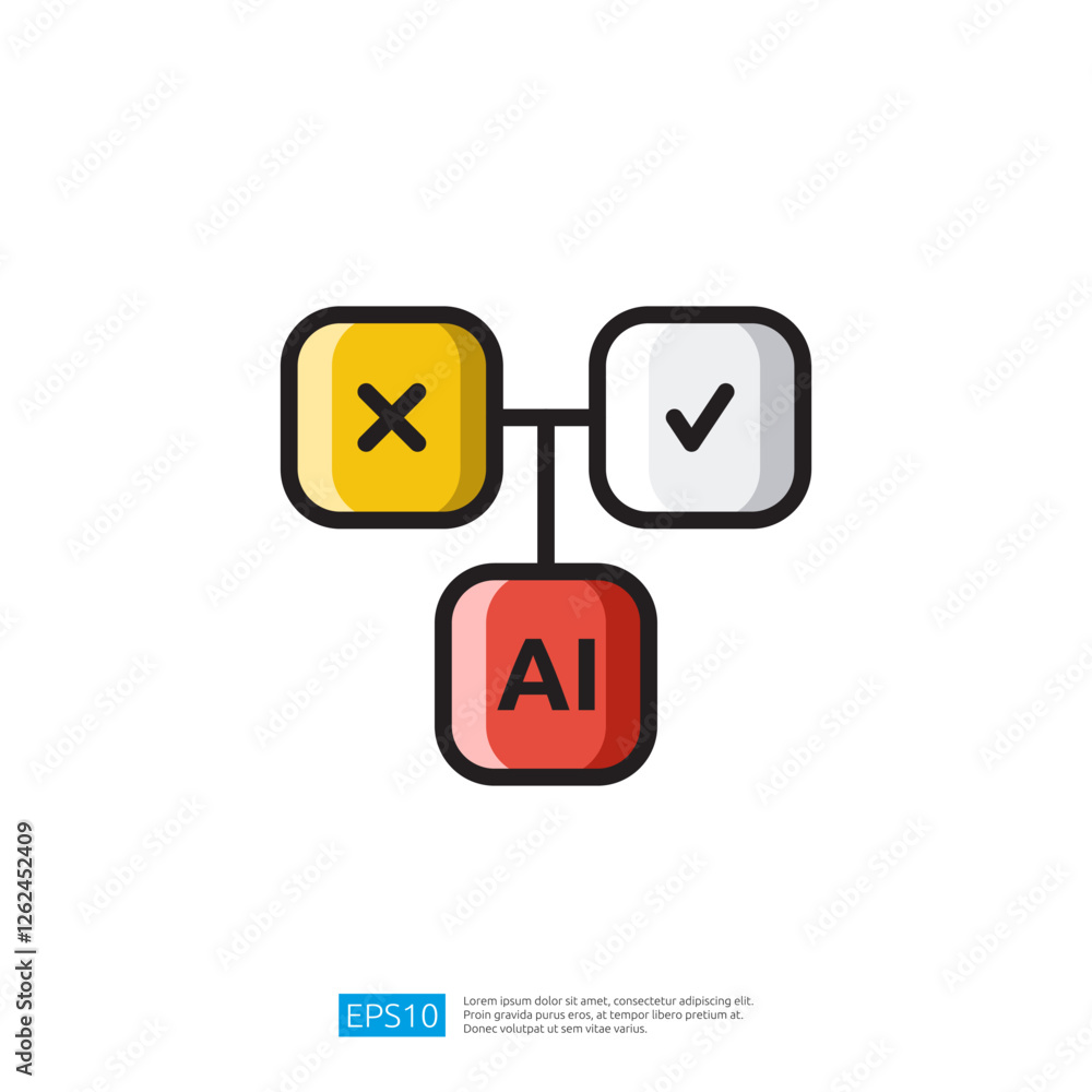 Poster a flowchart design with three colored blocks with a x, checkmark and labeled ai suggesting decision-