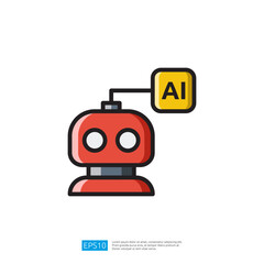 A simple illustration of a red robot with a speech bubble labeled AI symbolizing artificial intelligence icon