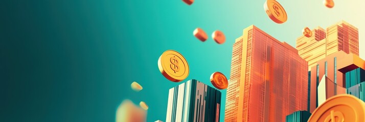Business graphic layout featuring financial elements and urban architecture for advertising