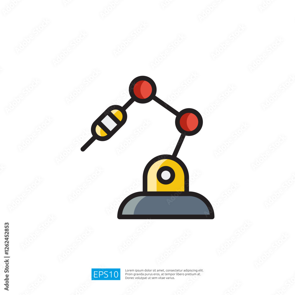 Poster a stylized robotic arm illustration, featuring a yellow base and red joints, representing automation