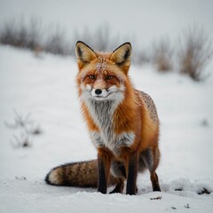 A striking red fox standing attentively on a white background.