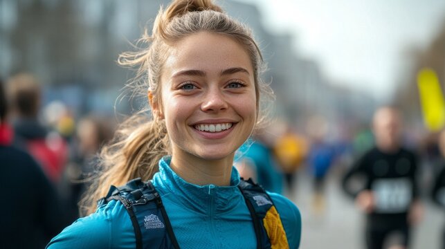 A joyful European woman with a ponytail smiles energetically while participating in a marathon, surrounded by fellow runners enjoying the event in a bustling urban setting.