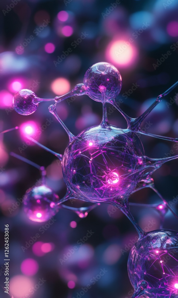 Poster glowing neuron network with nodes interconnected, sparkling in a purple and pink vibrant backdrop