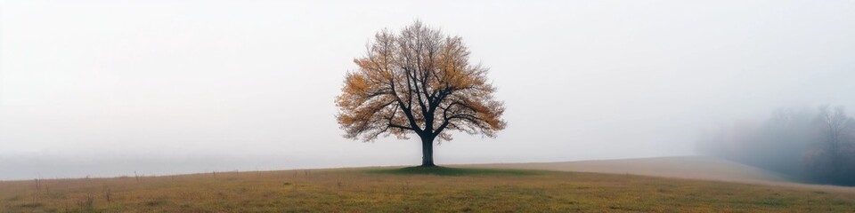 Obraz premium A tree stands alone in a field of grass. The sky is overcast and the air is cool and damp. The tree is bare and its leaves have fallen, giving the scene a sense of solitude and quietness
