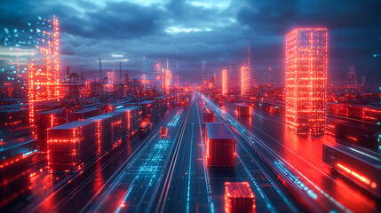 Fototapeta premium Shipping companies of the future and their customers will combine container shipments on cargo ships. Shipment tracking. Logistics solutions from the future in the image created with the help of AI