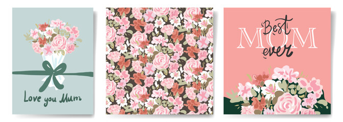Set of Mothers day greeting cards with beautiful blossom flowers, vector