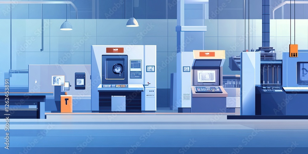 Poster exploring advanced manufacturing: precision machines in modern factories, showcasing automation and 