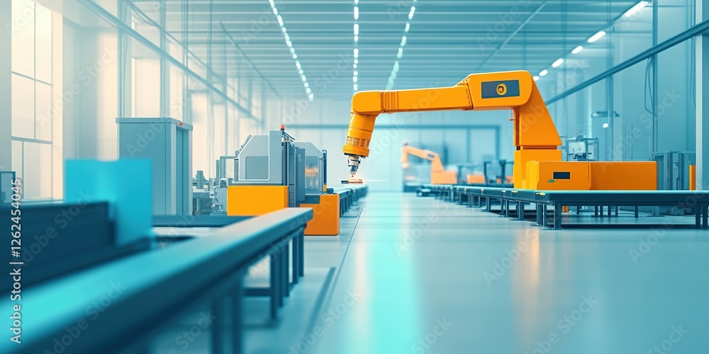 Poster automated robotic arm precisely assembles components on modern factory conveyor belt system efficien