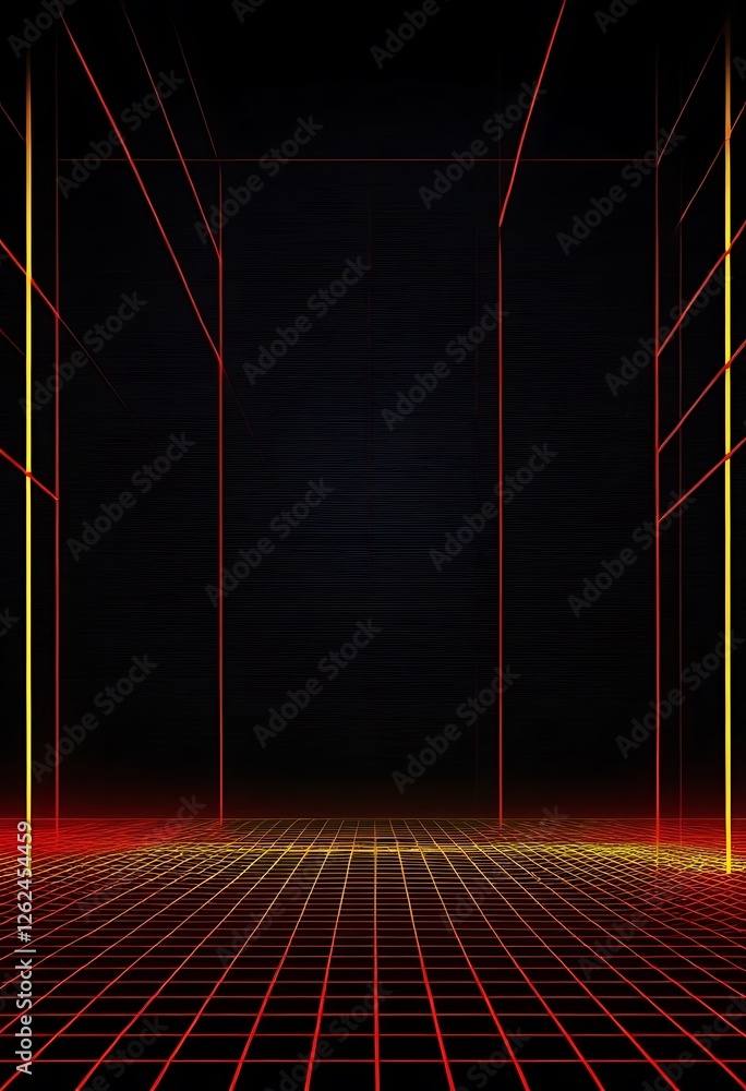 Poster illuminated grid, retro-futuristic abstract with dynamic perspective