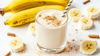 Creamy banana oat shake with sliced bananas and cinnamon on white background. This refreshing drink is perfect for healthy breakfast or snack
