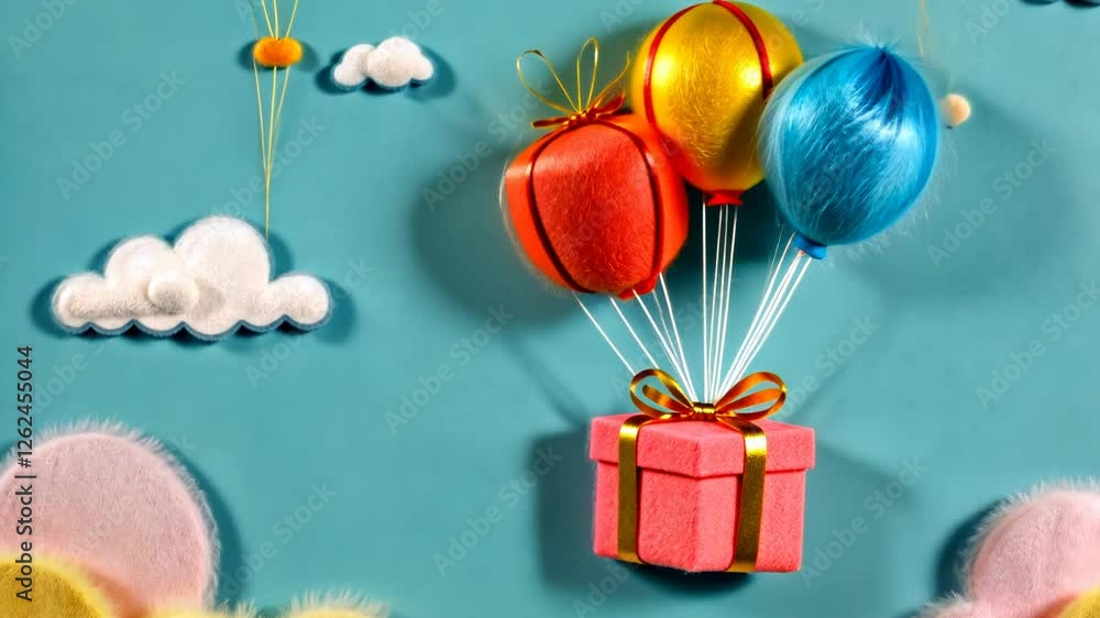 Poster a box with a red ribbon is in the air. there are three balloons in the air. the balloons are orange 