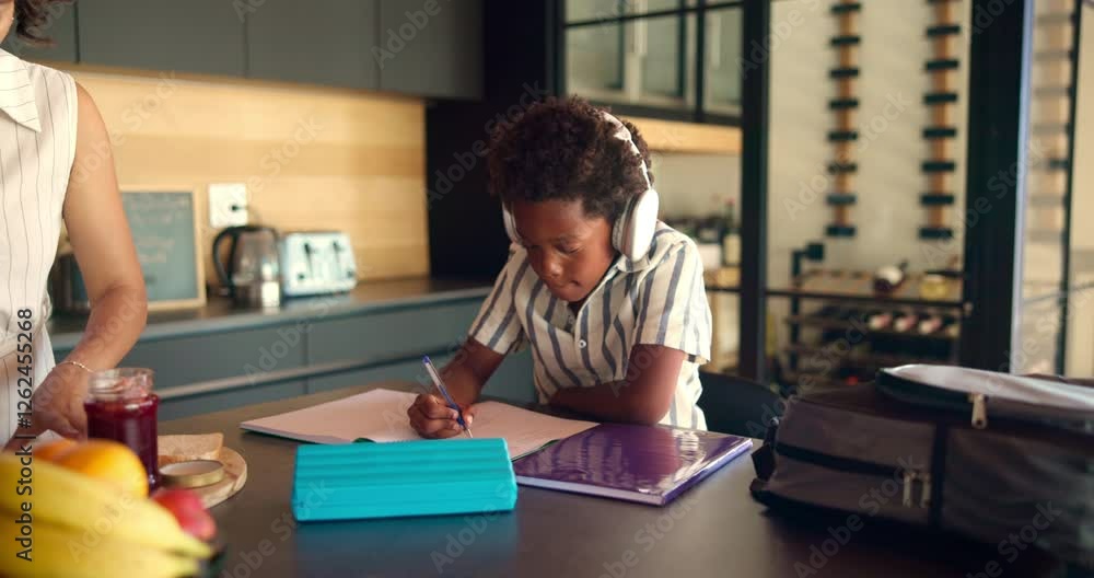 Poster homework, headphones and child with notebook writing for remote learning, education and lesson. scho