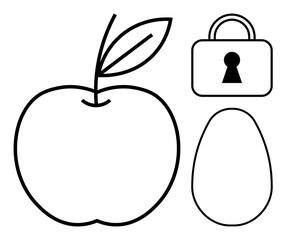 Apple with leaf, padlock, and avocado in simple line art style. Ideal for healthy eating, security, protection, nutrition, food industry diet organic produce. Line metaphor
