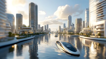 Obraz premium Futuristic Flood Resilient Waterfront City with Elevated Buildings and Integrated Canals