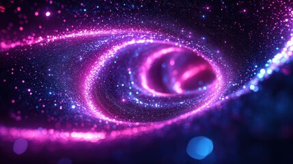 Cosmic Swirl: A mesmerizing digital art of a swirling galaxy with vibrant pink and blue hues, glittering particles and cosmic energy