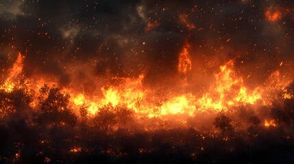 Inferno's Fury, Wildfire Consuming Forest Landscape Under Smoky Sky