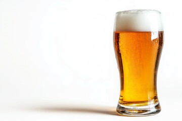 Tall beer glass with foamy head on white background. AI generated