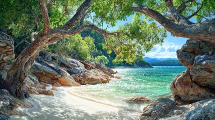 Sunny tropical beach cove, lush canopy, tranquil scene