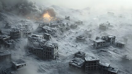 Apocalyptic cityscape destruction with volcanic eruption, muted tones