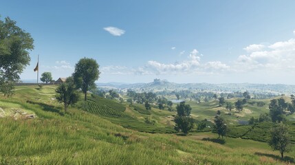 Fototapeta premium Panoramic countryside vista with flag and distant hills