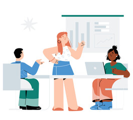 Team Discussion In Office Meeting. Female Presenter With Colleagues Analyzing Data, Flat Vector Illustration Of Collaboration, Business Strategy, Workplace Communication. Isolated On White