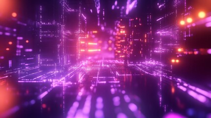 Obraz premium Abstract data city with vibrant neon lights, immersive digital architecture vision