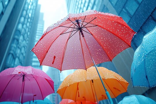 Vibrant umbrellas covered in raindrops during a refreshing rainfall. A colorful and artistic depiction of rain protection, weather resilience, and urban life, perfect for seasonal or lifestyle themes.
