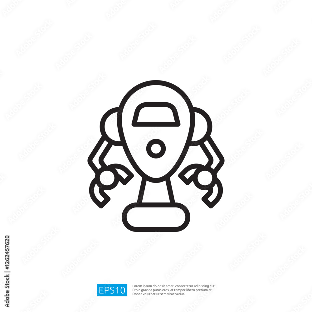 Poster a simple line drawing of a futuristic robot with arms, designed to resemble a friendly assistant or 