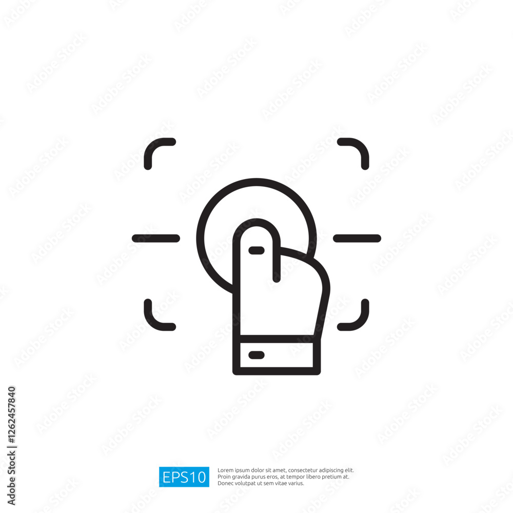 Poster A minimalist line drawing of a hand pressing a button within a rectangular frame, symbolizing interaction or selection in a digital interface.