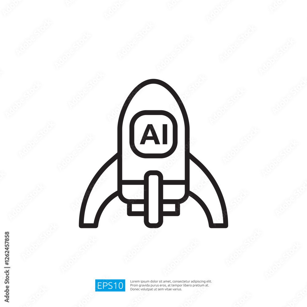 Poster a simple line drawing of a rocket labeled ai symbolizing advancements in artificial intelligence and