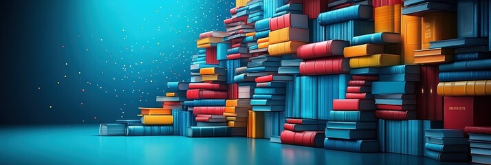 Brightly colored books stacked in creative layout for online advertising theme