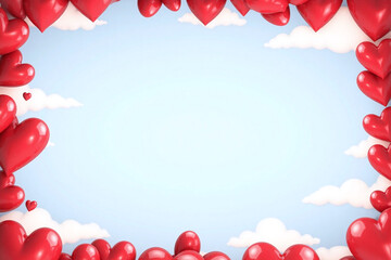 Light blue bg multiple red hearts overlapping gradient clouds romantic whimsical mood