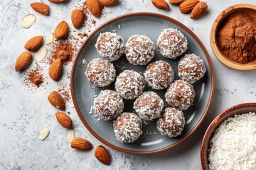 Chocolate coconut almond truffles in culinary art display. AI generated
