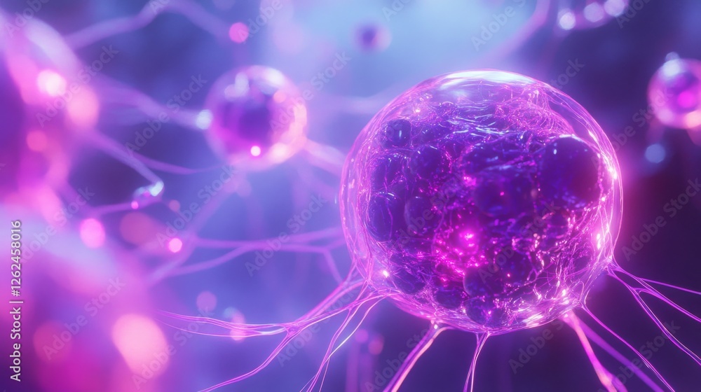 Poster abstract depiction of interconnected cellular structures with vibrant luminescence effect