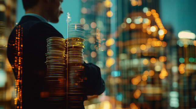 A businessman standing in front of stacks of coins, with blurred city lights in the background, symbolizing wealth, financial growth, and success in a modern business environment