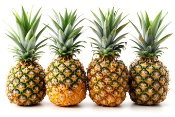 Four pineapples on solid white background. AI generated