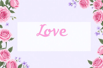 Light blue bg pink purple roses in bloom symmetrical Love banner green leaves