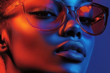 Dramatic close-up of a woman with vibrant lighting and stylish eyewear