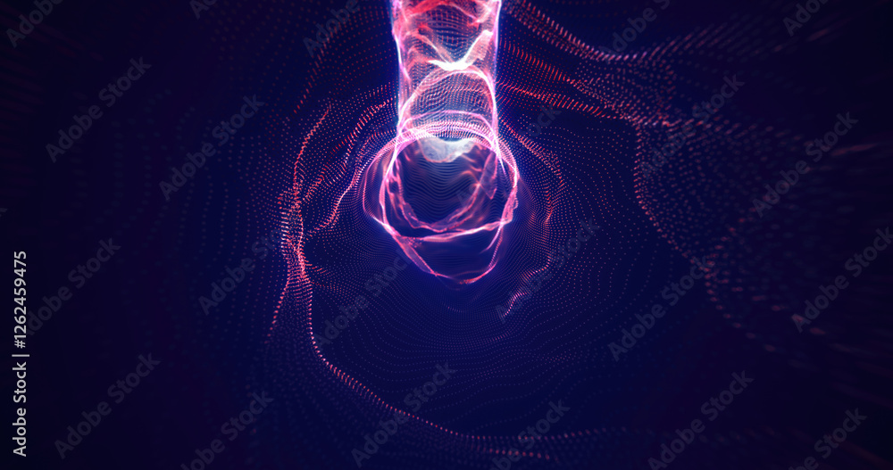Poster abstract tunnel of glowing purple dots forming a vortex-like design, futuristic digital visualizatio