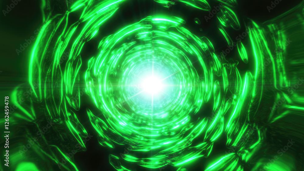Poster a tunnel with intense green light and a bright center, creating a sci-fi vibe with abstract energy a