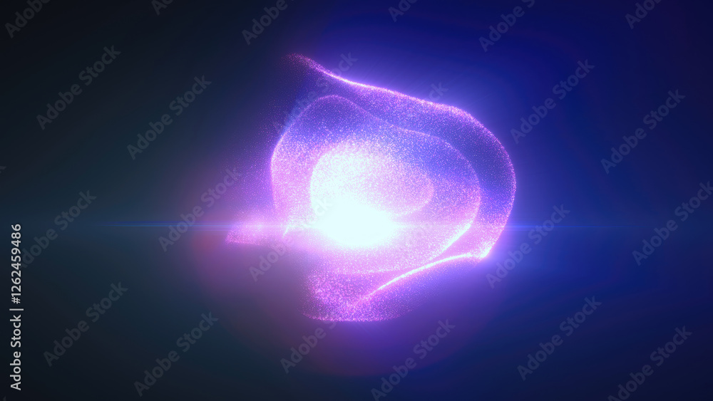 Poster glowing purple particles creating a floating sphere shape with intense light at its core, set agains