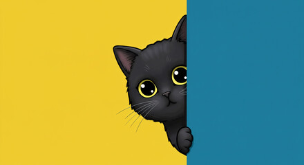 A cat peeking behind the blue wall, cartoon style