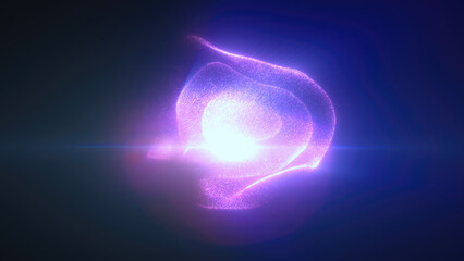 Glowing purple particles creating a floating sphere shape with intense light at its core, set against a deep violet background