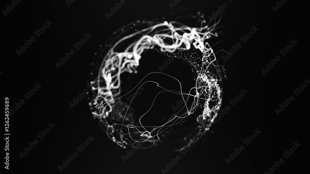Aufkleber monochromatic abstract energy sphere with flowing white lines and patterns against black background 